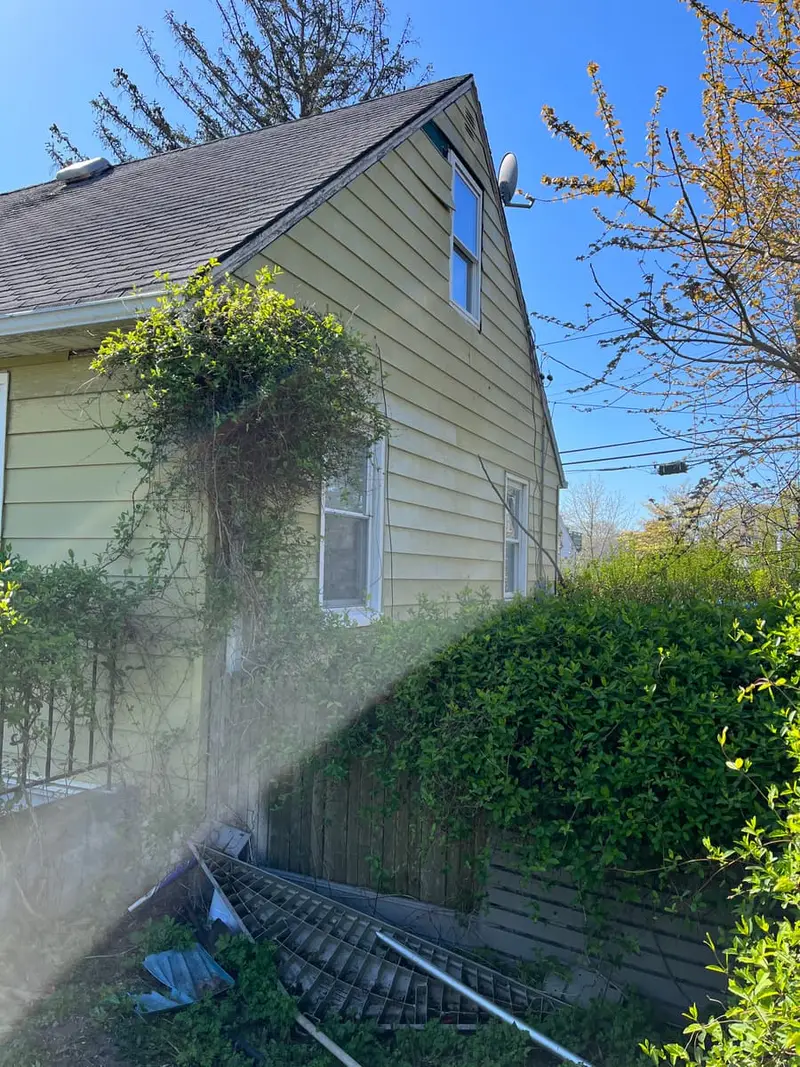 Side of a yellow Cape with vines growing up the wall, Lindenhurst, NY
